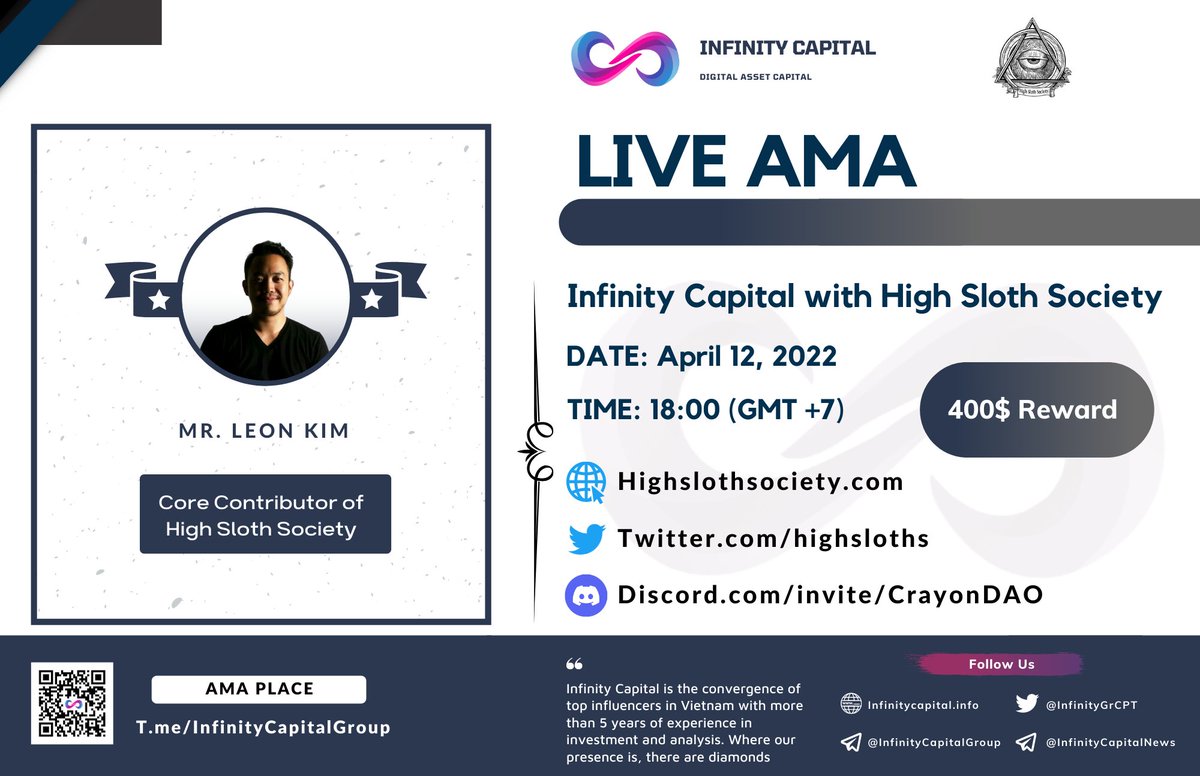 jackyminhtri's tweet photo. 📍Hello everyone,

Infinity Capital will hold an AMA with High Sloth Society @highsloths on 12th April at 12:00 PM UTC.

https://t.co/oYos9r9XSF

🔹AMA Place: https://t.co/8d7U1onh2S

Like &amp; Rt, tag 3 friends &amp; comment your question below (Max 3 questions each person) https://t.co/gFJRmZsvpo