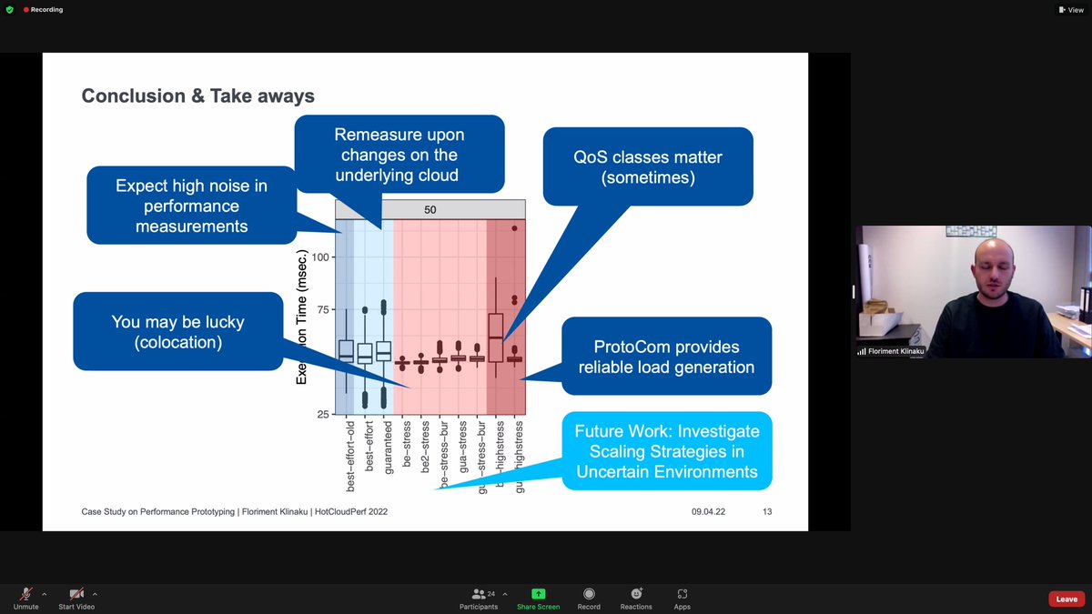 DavidDaly44's tweet photo. I liked @klinakuf last slide (with takeaways) today at #HotCloudPerf #ICPE2022, particularly "expect high noise" and "you may be lucky". https://t.co/v7S15AYr34