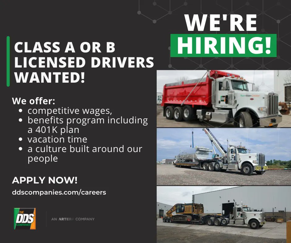 DDSCompanies's tweet photo. Now Hiring! 📢 We are looking for Class A and B Licensed, lowboy, and truck drivers to join our team. To apply, visit https://t.co/e3h2RYnJlV or call 585-359-7540 to talk to our Human Resources department directly. #JoinOurTeam #NowHiring #TeamDDS #Drivers #CDL https://t.co/wgSfEXYKdj