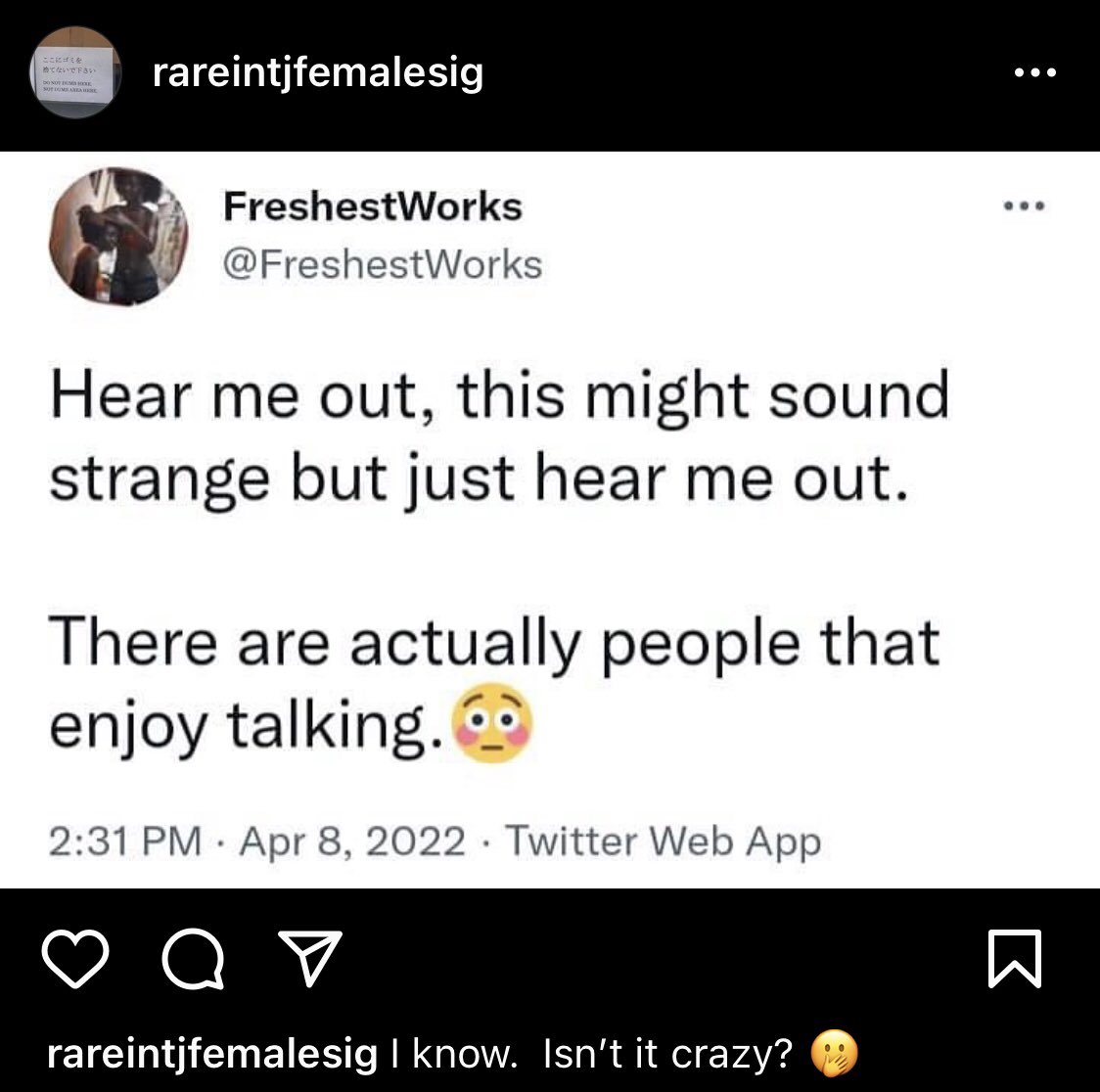 IntjRare's tweet photo. #mbti #mbtitypes #intjwoman #intjfemale #intj #intjmemes #unicorn #introvert #introvertmemes #rintjf #introvertproblems #shhh #stoptalking #breathe #diatribe #yap #yikes #quiet #talkers #ew #talk #silence #takeabreak #chatter #noise https://t.co/lCNAEcPdGc