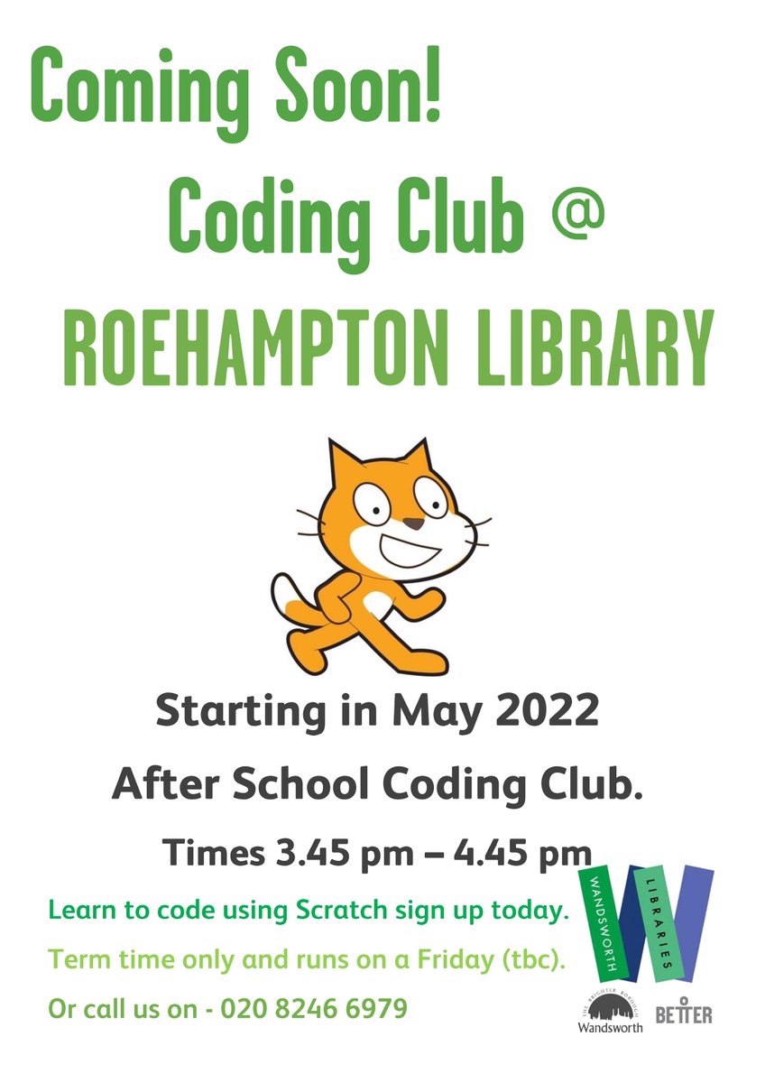 RoehamptonL's tweet photo. Coding club will be starting this May! To book your place please email patrick.malone@gll.org 
#Roehampton #Wandsworth #Library https://t.co/n2Sva6v3Yk