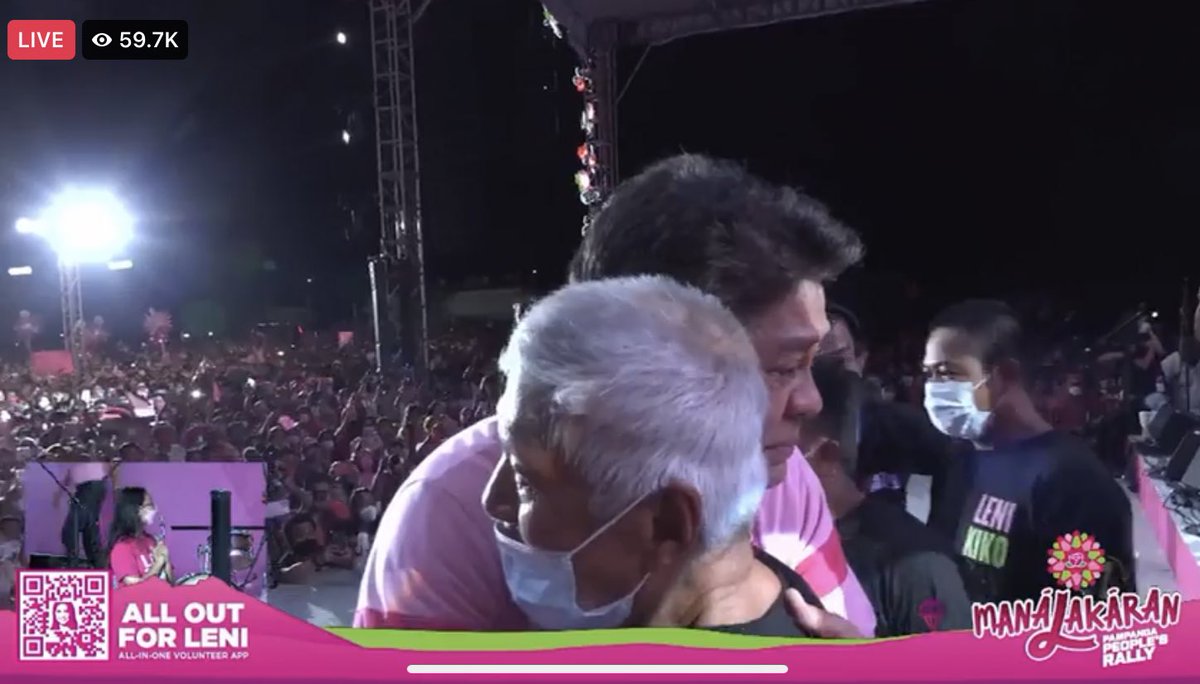 maracepeda's tweet photo. Emotional moment for Pangilinan, as farmers from San Nicolas, Pampanga surprise him onstage. If politicians won’t raise his hands on this campaign trail, then these farmers will. Touched by the gesture, Pangilinan can’t help but cry. He still calls Robredo to join him in front. https://t.co/AJ4pz1qImq
