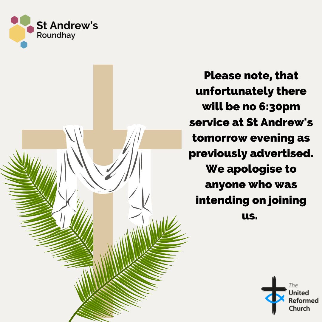 standrewsurc's tweet photo. Please note, that unfortunately there will be no 6:30pm service at St Andrew's on Sunday 10 April.
Everyone is welcome to join us for our all age Palm Sunday, 'Cafe Style Worship' at 10:30am, led by Rev Tim Lowe. https://t.co/k6UfqLyATl