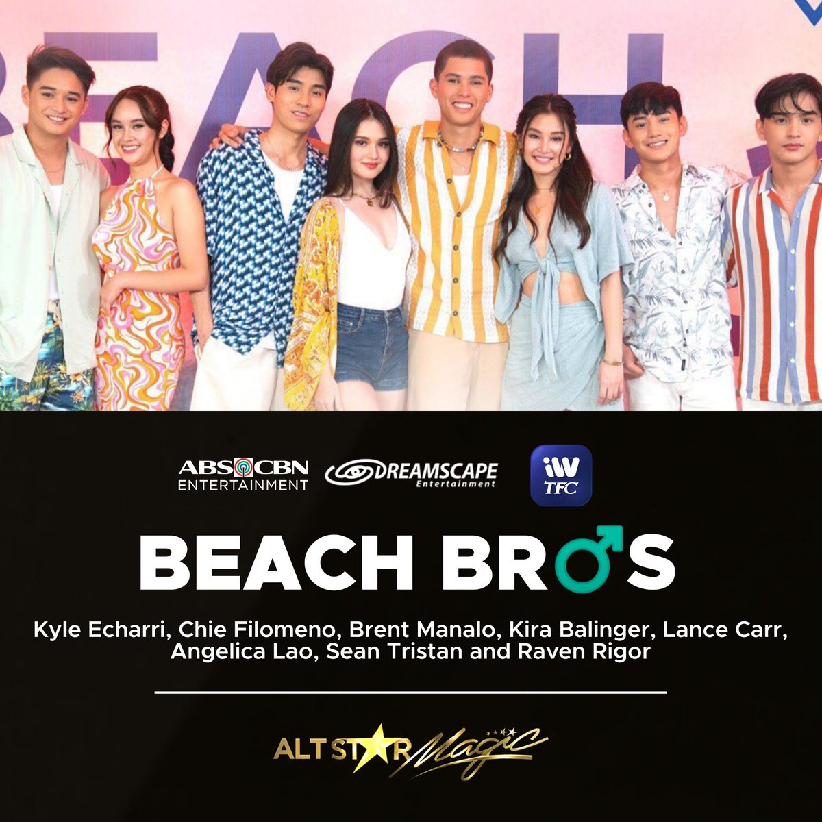 AltStarMagic's tweet photo. LOOK: Here are the cast of the upcoming digital series, #BeachBros ♂️

• @kyle_echarri
• @ChieFilomeno
• @brentymanalo
• @Kbalinger
• Lance Carr
• @itsangelicalao
• @seantristan_
• Raven Rigor

Soon on @iwanttfc!

@ABSCBN @DreamscapePH https://t.co/RFmsPkFi5C
