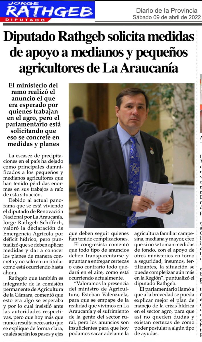 JorgeRathgeb's tweet photo. Se decreta Estado de Emergencia Agrícola por déficit hídrico, pero no se indica como se apoyará a los agricultores que la han pasado mal por la sequía. Ministro Valenzuela necesitamos medidas y no titulares. Les dejo esta noticia del diario @lasnoticiasdia
#Siempresente https://t.co/6Jsay8BaqY