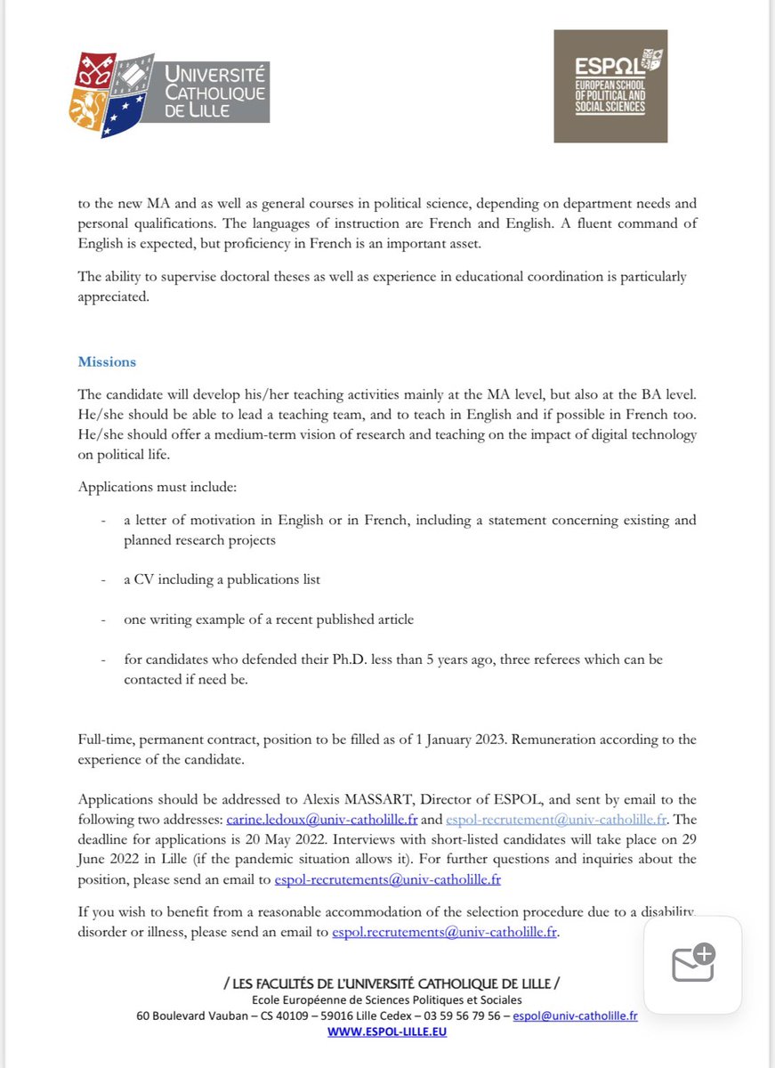 We are #hiring! Open position for an Assistant Professor/ Professor (with tenure, full time) in #Digital #Political #Communication @EspolLille, to work in a dynamic department in beautiful #Lille. Deadline for applications: May 20, start date: 1 Jan 2023. More info 👇🏼or DM me!