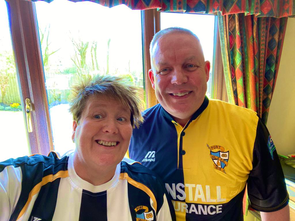 EmECartlidge's tweet photo. Mum and dad ready for Retro Kit day at @OfficialPVFC @cartlidge_d @petecart75 ⚽️ #PVFC #Retrokitmatchday #SignedGlover1998shirt #Mumsfirstshirt #UTV #Valients https://t.co/f9B5IhMeux
