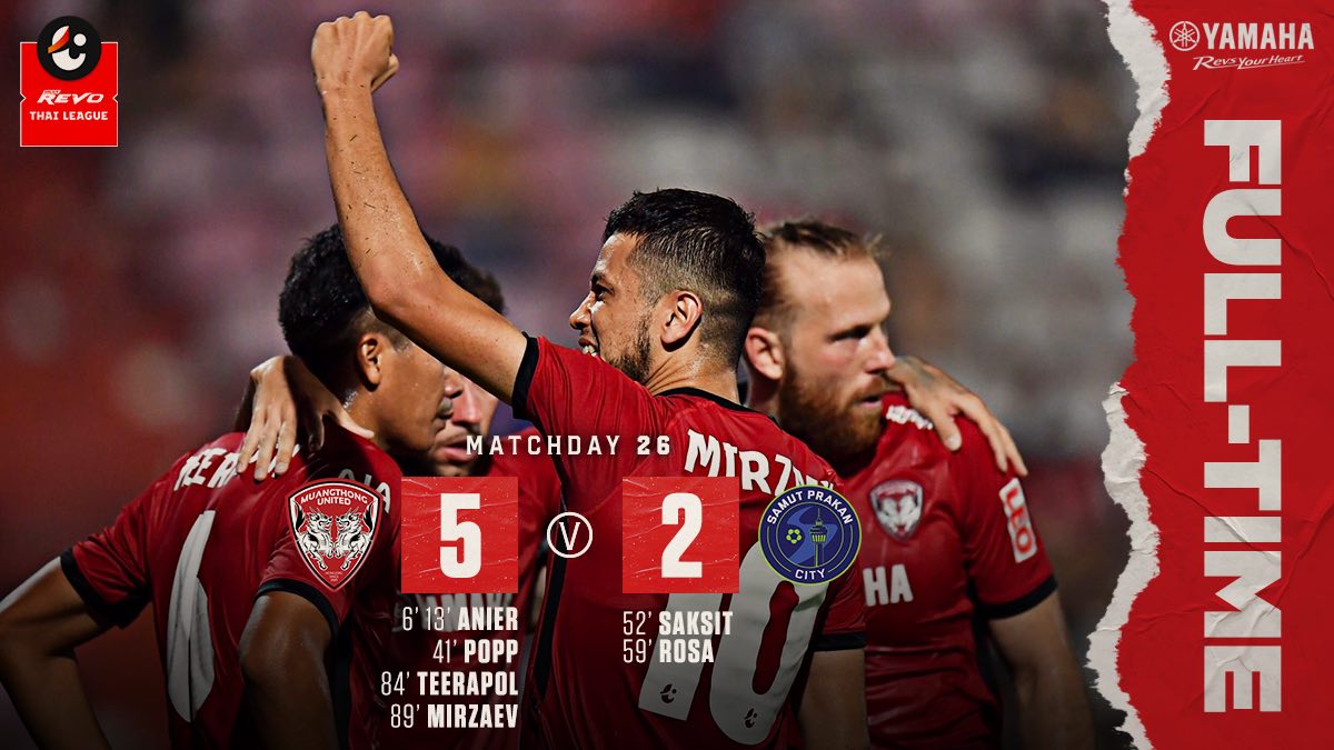 MuangthongUtd's tweet photo. FULL TIME!!

Muangthong United 5-2 Samut Prakan City. 
Thai League Matchday  26. Thunderdome Stadium.

LIVE: AISPLAY, PPTV-36
#mtutd
#theuntouchables
#Thaileague https://t.co/HYgAdvr0SE