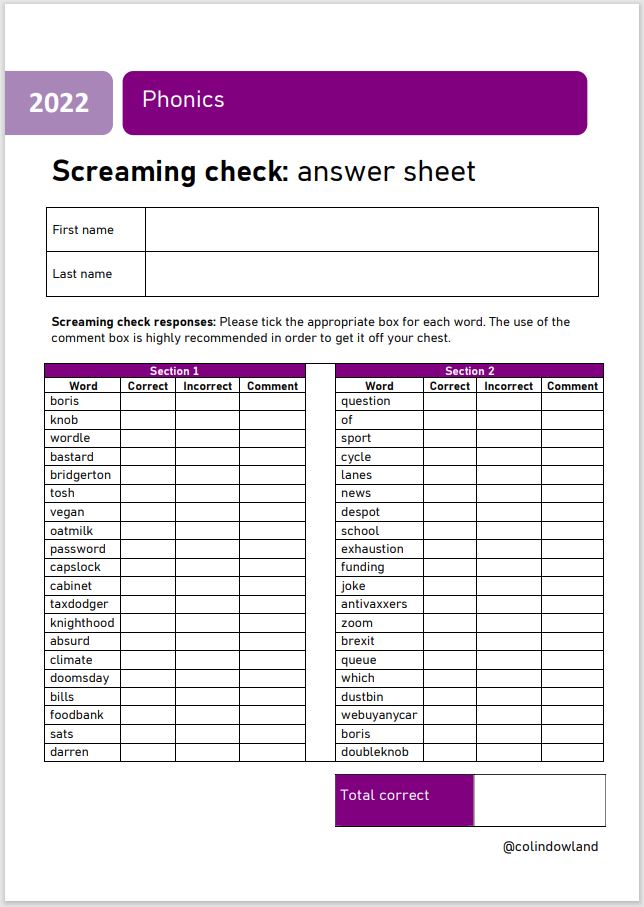 NEW LEAK - This year’s Y1 Phonics Screener has been amended by a jaded test setter to reflect the vibe of 2022. Take a look at the Phonics Screamer: