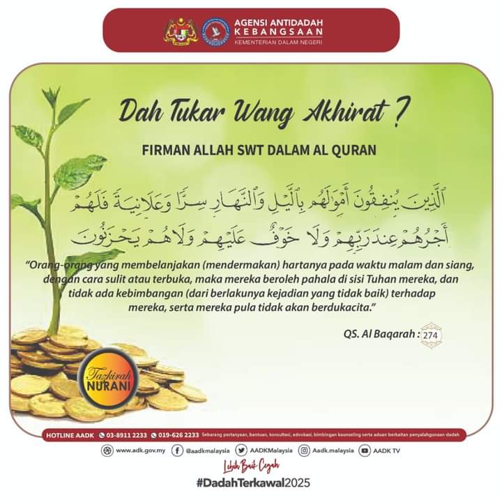 aadkkkangsar's tweet photo. #TazkirahNurani #berpesanpesan
Lebih baik cegah.Keprihatinan kepulihan adalah kehidupan.Hubungi talian hotline AADK 03-8911 2233/019-626 2233 untuk khidmat nasihat, pertanyaan dan aduan. Layari https://t.co/aX5QcDn2SW
#DadahTerkawal2025 
#TakPerluStimGuys 
#KDN_TogetherWeAreOne https://t.co/3yQq6q6k3u