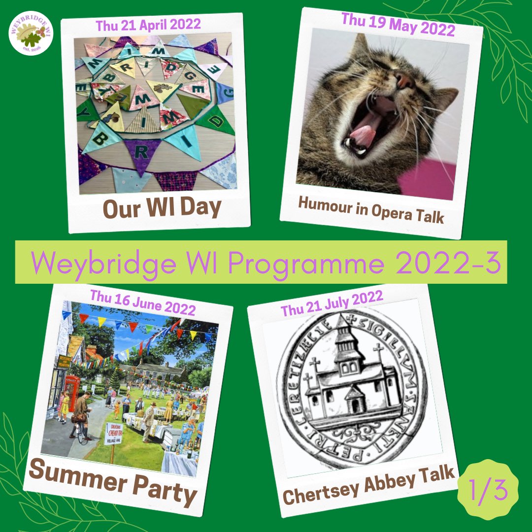 WeybridgeWi's tweet photo. Weybridge WI’s 2022-2023 Programme is now launched, get in touch if you are interested in becoming a member! https://t.co/gd85xJ7RGT