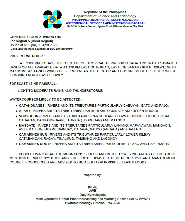 dost_pagasa's tweet photo. General Flood Advisories (GFAs)
Issued @ 6PM, 09 April 2022
Region 4B (MIMAROPA) - #GFA3
Region 5 (Bicol Region) - #GFA6
Region 6 (Western Visayas) - #GFA8
Region 7 (Central Visayas) - #GFA8 https://t.co/SyGTowF5Zt