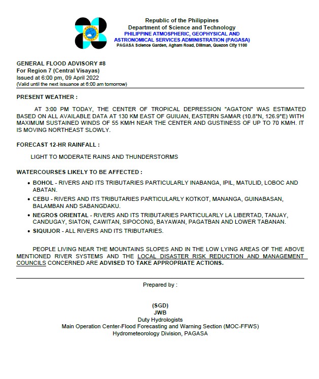 dost_pagasa's tweet photo. General Flood Advisories (GFAs)
Issued @ 6PM, 09 April 2022
Region 4B (MIMAROPA) - #GFA3
Region 5 (Bicol Region) - #GFA6
Region 6 (Western Visayas) - #GFA8
Region 7 (Central Visayas) - #GFA8 https://t.co/SyGTowF5Zt