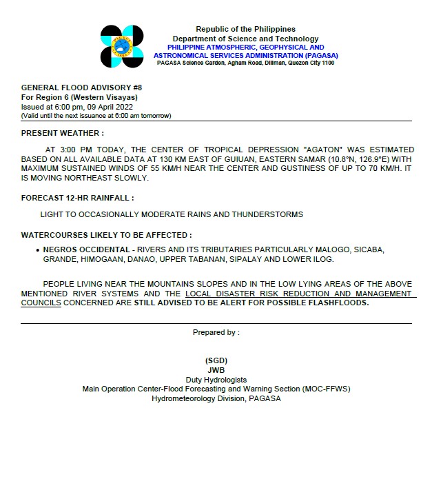 dost_pagasa's tweet photo. General Flood Advisories (GFAs)
Issued @ 6PM, 09 April 2022
Region 4B (MIMAROPA) - #GFA3
Region 5 (Bicol Region) - #GFA6
Region 6 (Western Visayas) - #GFA8
Region 7 (Central Visayas) - #GFA8 https://t.co/SyGTowF5Zt