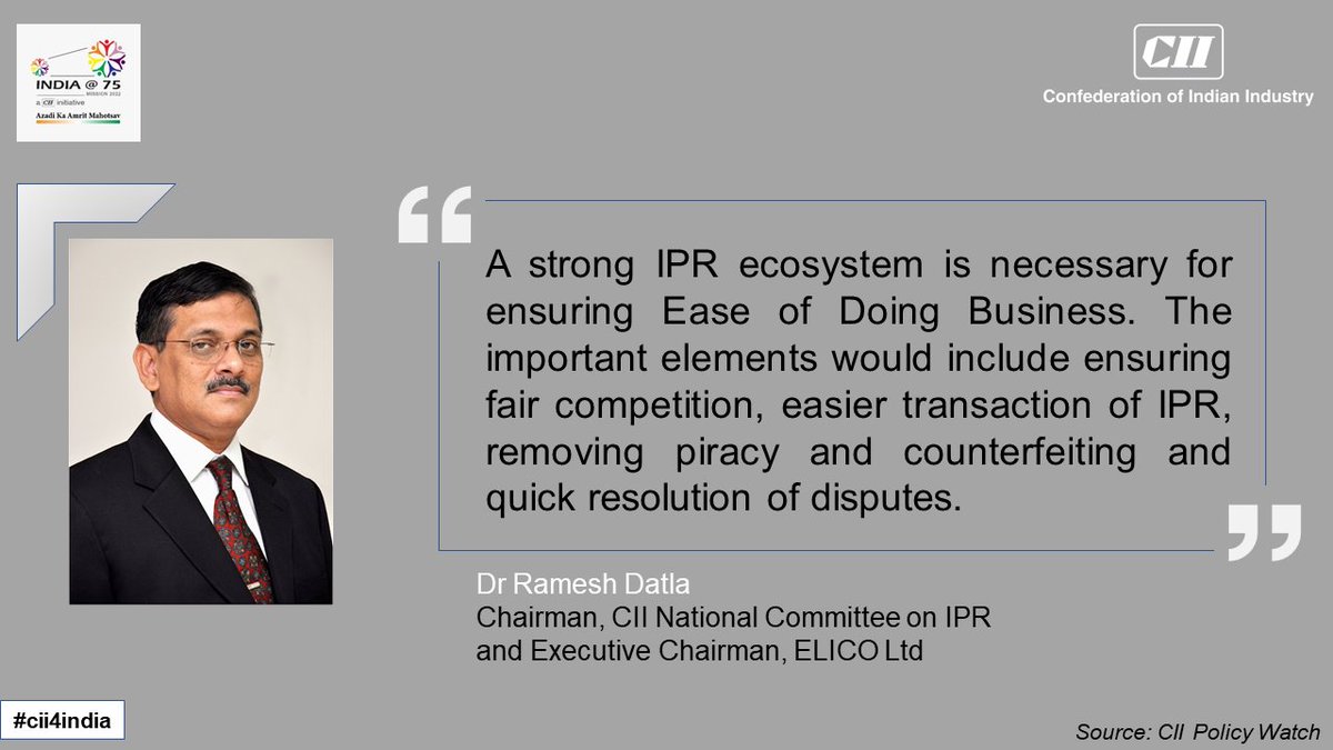 FollowCII's tweet photo. #MakeinIndia, #AatmaNirbharBharat & similar initiatives of the Government would be strengthened and accelerated by a strong #IPR regime in #India, says Dr Ramesh Datla, Chairman, CII National Committee on IPR. Read his views in #CIIPolicyWatch https://t.co/KN0H9PRyEd @CII4IPR https://t.co/d2oSglDdzq