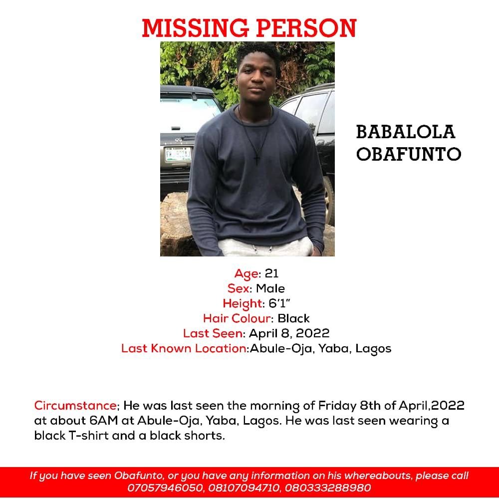 uni9ja's tweet photo. #MISSING: Another Case in less than 4 days.

OBA is a 300L Architecture student of UNILAG. Reports say he left his apartment without locking, and a passerby found his phone misplaced when he was reached out to. Last seen at AbuleOja.

Please RT aggressively! Let's #FindOba 🙏😭 https://t.co/TeNNqoHyku