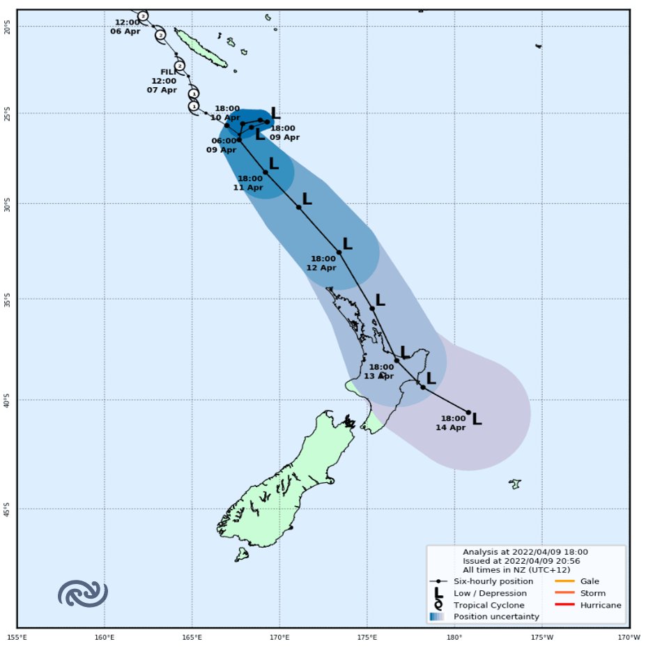 MetService's tweet photo. Here is the latest track map for #CycloneFili 🌀

The coloured cone on the track shows the uncertainty in the central position of Cyclone Fili 

We may see severe weather associated with Cyclone Fili from Tuesday

Additional details at: https://t.co/eB2FkFAil0… https://t.co/4UAl3bindb