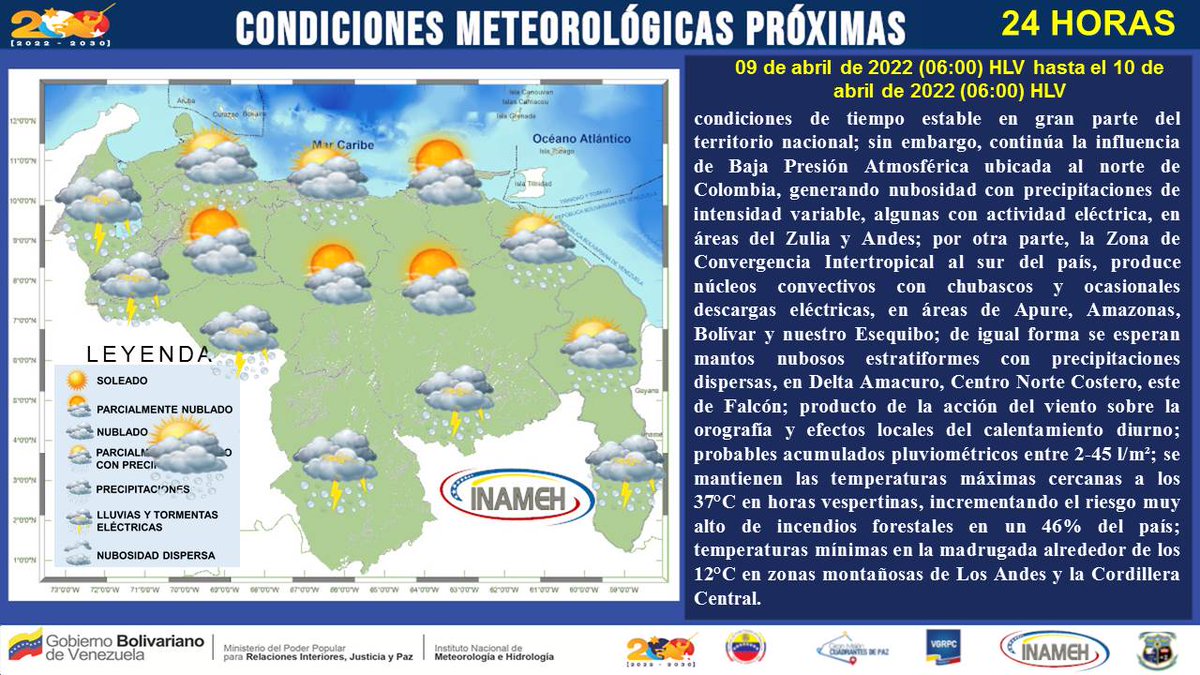 INAMEH's tweet photo. #09Abr #INAMEHInforma Condiciones Meteorológicas próximas 24 Horas #FelizJSabado https://t.co/DD0jQUiJEl