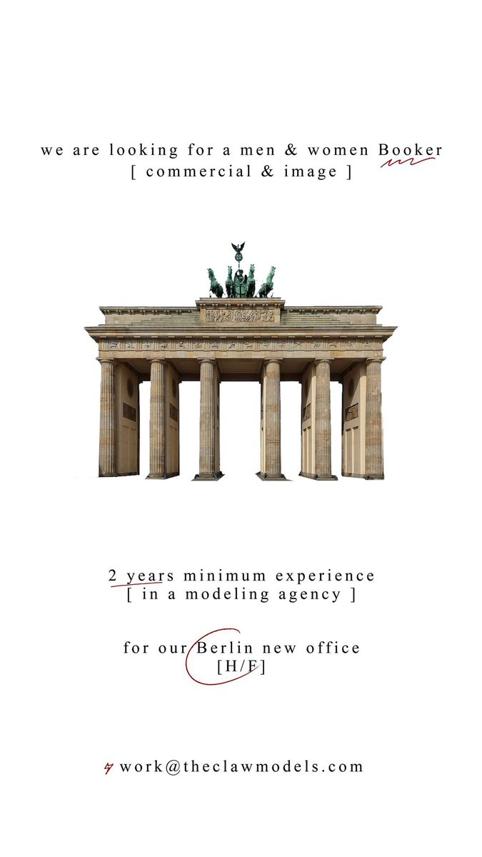 theclawmodels1's tweet photo. RECRUITMENT - Models Booker - Berlin - Women - Men >> apply by DM 
Work@theclawmodels.com https://t.co/T10VAsSwyP