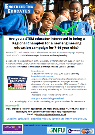 UoMSEERIH's tweet photo. Exciting opportunity for STEM educators! Get involved in a brand new campaign to get children hands-on with engineering. #STEMEducation #EngineeringEducates
Find out more: https://t.co/ugpPnPZiLZ
APPLY by 29th April!
@NFUEducation @CcComino @SSERCofficial @OfficialUoM https://t.co/QoOFQQjjzi