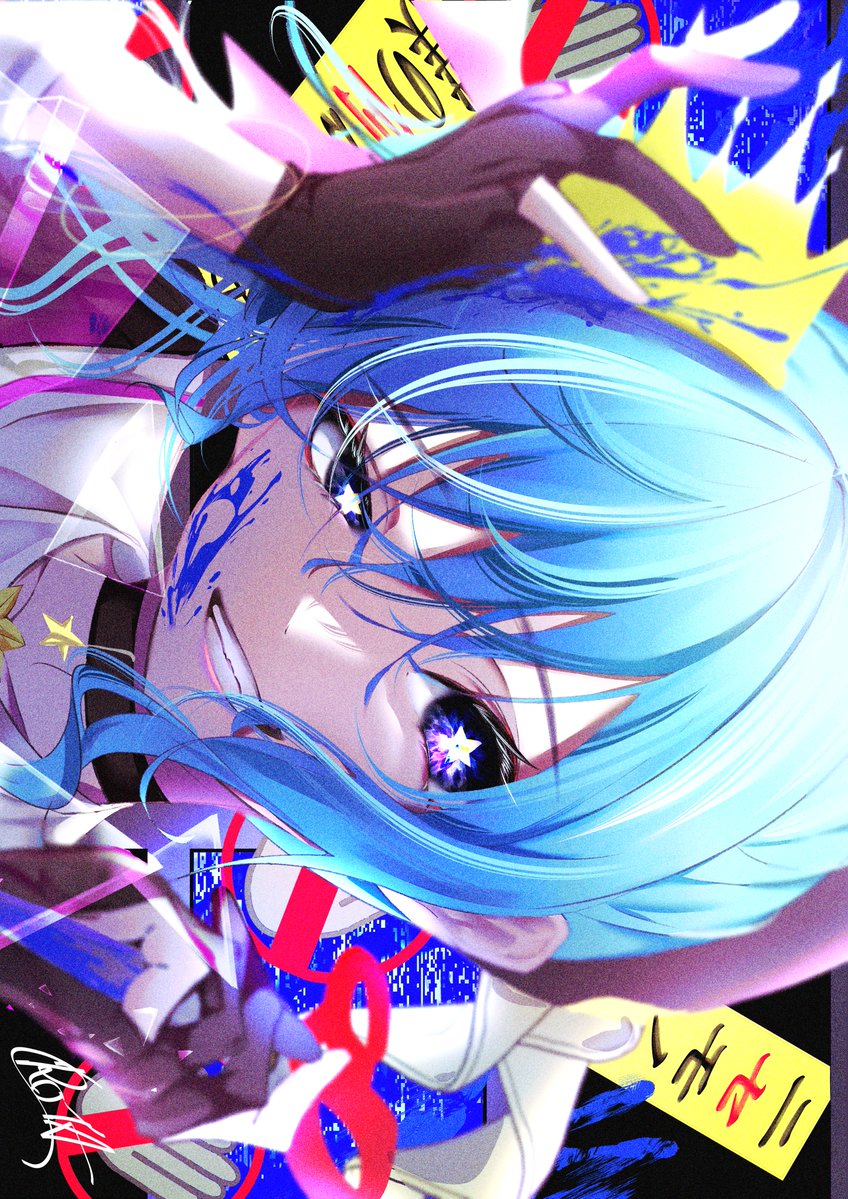 hoshimachi suisei 1girl solo blue hair gloves blue eyes paint splatter on face paint splatter  illustration images