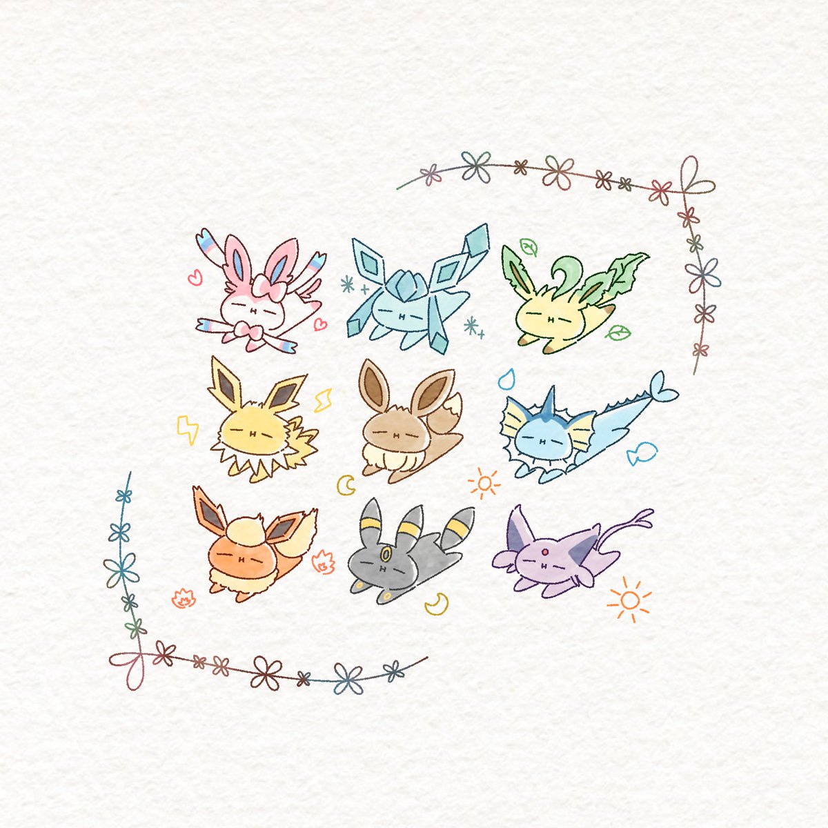 eevee ,espeon ,flareon ,glaceon ,leafeon ,sylveon ,umbreon ,vaporeon pokemon (creature) no humans closed eyes closed mouth :3 smile heart  illustration images