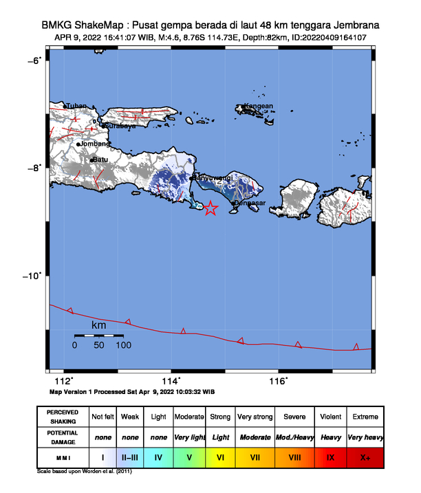 #Gempa Mag:4.6, 09-Apr-22 16:41:07 WIB, Lok:8.76 LS, 114.73 BT (Pusat gempa berada di laut 48 km tenggara Jembrana), Kedlmn:82 Km Dirasakan (MMI) III-IV Badung, II Denpasar, II Tabanan, II Gianyar, II Mataram, III Jembrana #BMKG