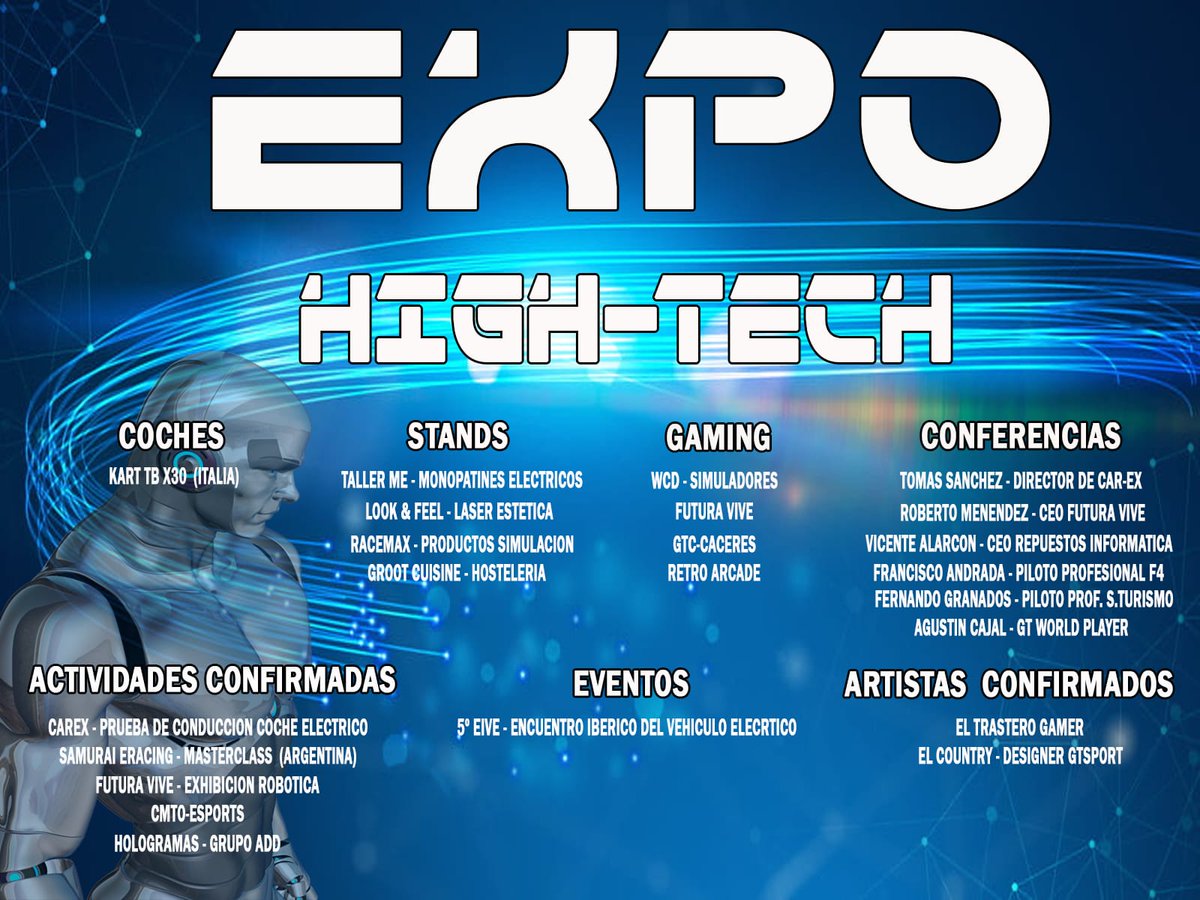 Expo de tecnologia e i+d Junto al 5 * EIVE (Encuentro Iberico del automóvil eléctrico) en Malpartida de Cáceres.

Espacio abierto con más de 3.000m2
Parking
Piscina
+20 actividades confirmadas
En la 1 Semana

Emprende con nosotros ¡!

Únete a la vanguardia