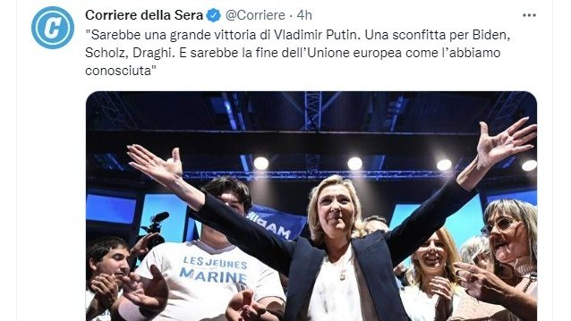Giorgiolaporta's tweet photo. Sono tornati, son quelli di 'se vince la Brexit in due giorni mancheranno medicinali e cibo'.
Alla vigilia del voto in #Francia dicono che la vittoria di Marine Le Pen sarebbe la vittoria di #Putin e arriverebbero le cavallette in Europa.
Basta minkiate, W Marine #LePen! #9aprile https://t.co/CB4Eaz10Eb
