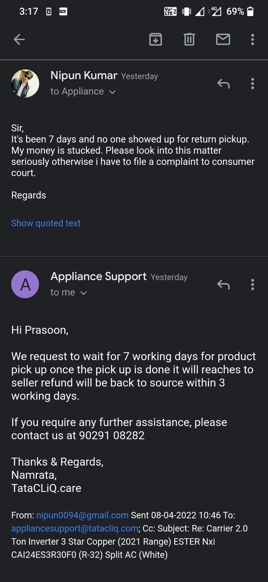 nipun0094's tweet photo. @RNTata2000 @TataCLiQCare
Sorry to bother you sir,frustrated customer of TATA Cliq.Ordered AC&amp;wrong product delivered. My return accepted on April 1st aftr multiple call. no one showed up for pickup.Saying that wait up to 7 days and it's already more thn 7.
Order id- 119044762 https://t.co/yLPtf7lb7c