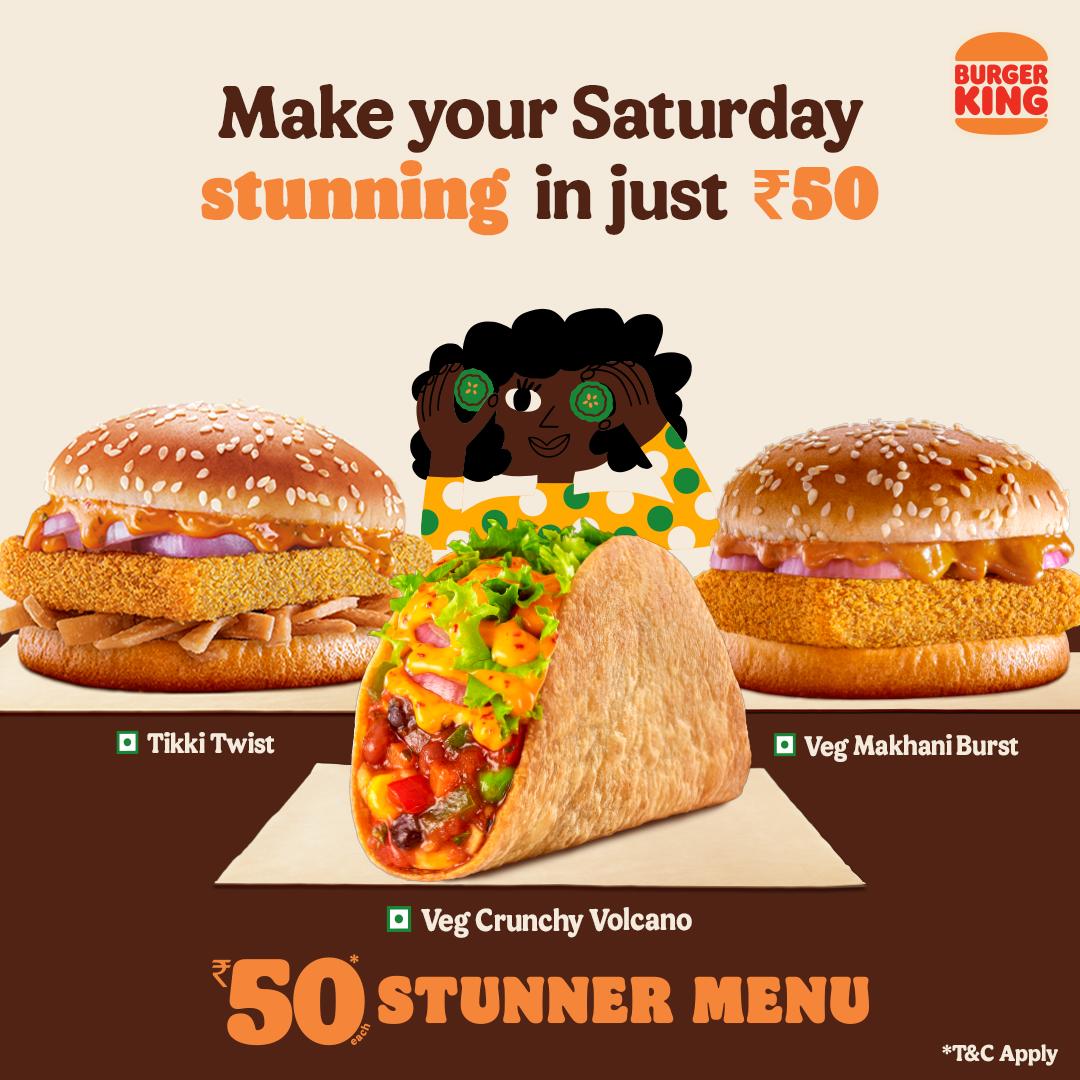 burgerkingindia's tweet photo. Stunning food at stunning price?😱
It’s a trade you won’t regret☺️
.
.
.
#stunningfoodatastunningprice #stunner #stunning #menu #fifty #onlyfifty #veg #makhani #tikkitwist #taco #Volcano #flavours #burgers #saturdaynight #saturdayvibes #weekend https://t.co/njNmyLv7XL