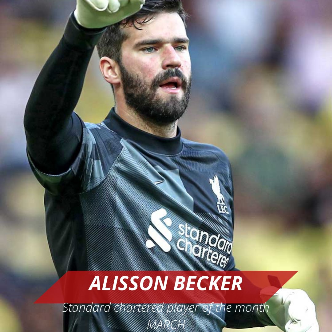Anfield_Legacy_'s tweet photo. 𝑷𝑳𝑨𝒀𝑬𝑹 𝑶𝑭 𝑻𝑯𝑬 𝑴𝑶𝑵𝑻𝑯 𝑀𝑎𝑟𝑐ℎ 🌟✅🔴

Standard Chartered player of the month is our one and only Alisson Becker 🌟⌛🎧 #Alisson #AlissonBecker #Goalkeeper #Football #Liverpool 

Deserved it to every bit 🔴🌟✅ #AB1 #Soccer #UefaChampionsLeague https://t.co/6T5p4kpFFx