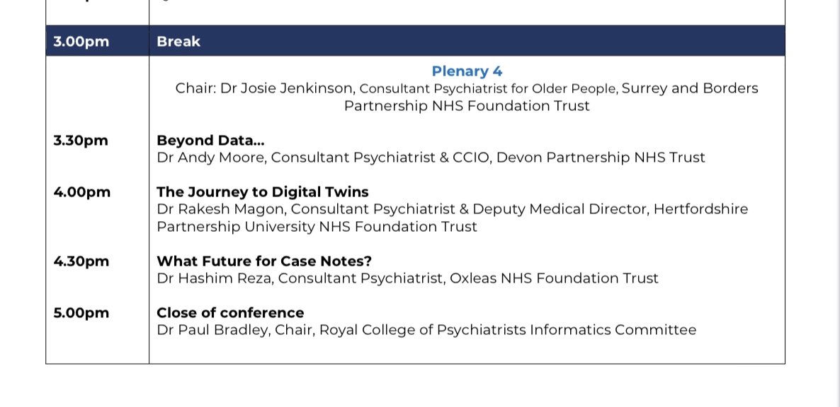 rcpsychGAP's tweet photo. @rcpsychDPSIG @drjbajwa @ITDocPaul @Asifmbachlani @moghraby @josieujenkinson @raj_psyc @ShaheenShora @DrGilluley @adave_NHS @Derektracy1 @skalidindi1 @DrAdrianJames @subodhdave1 @AlkaSashin @DrAshRam1 @RamkissonR1 @AyeshaRahimCCIO Catch #gapchat @DrAndyMoore speaking about beyond #data at #rcpsychdata22 in session4 with
➡️@magon_rakesh on #digitaltwins
➡️ @reza_hreza future 4case notes
➡️chaired by @josieujenkinson
#datamatters
@tcdlewis @DrSarmadNadeem @DrShahidLatif @DrJoanneFarrow @71priya @1to2arun https://t.co/fhuMOESF72
