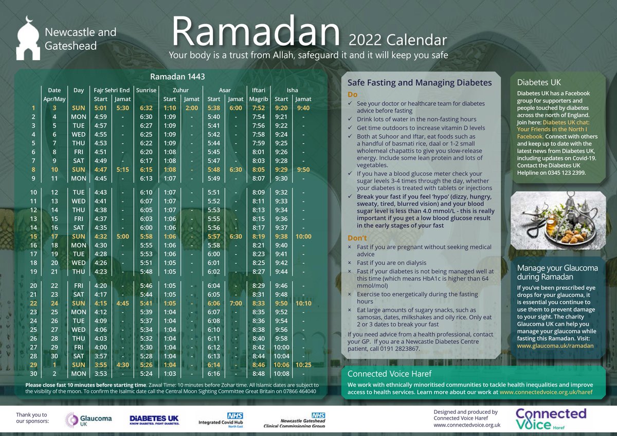 Ramadan is 2nd April-2nd May when Muslims will be fasting from dawn to sunset. 

This 'safe fasting' calendar contains prayer times and safe fasting information and tips on managing diabetes and glaucoma - kindly provided by <a href="/ConnectedVoice_/">Connected Voice</a> 

#Ramadan2022