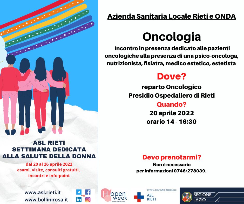 AslRieti's tweet photo. 👨‍⚕️👩‍⚕️Settimana dedicata alla Salute della Donna.
📝dal 20 al 26 aprile, visite, esami, consulti gratuiti, incontri e Info-Point di sensibilizzazione e informazione.
👉Prenotazioni aperte
Vi aspettiamo❤️
#aslrieti https://t.co/OSMfbiHCDi