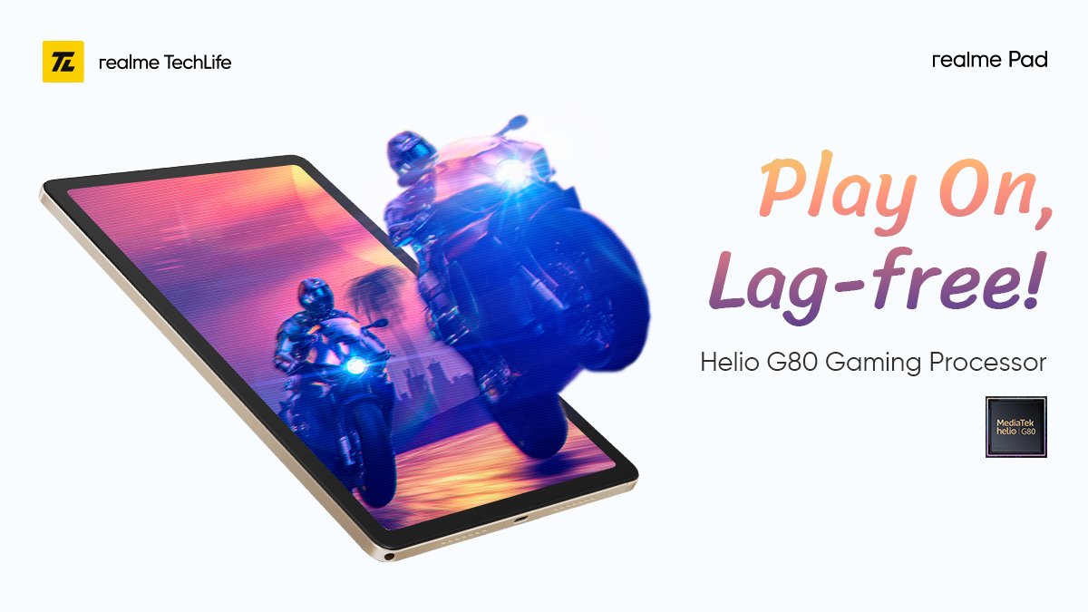 realmenarzoIN's tweet photo. Lag coming in the way of your winning streak? No more, with the #realmePad!
Make every gaming session seamless, lag-free & #UltraSlimRealFun with its Helio G80 Gaming Processor. @MediaTekIndia
Available on https://t.co/n3vAbwM2m7 & @Flipkart.
Buy now: https://t.co/Mbh8BlwKmn https://t.co/WkGwo6aMu6