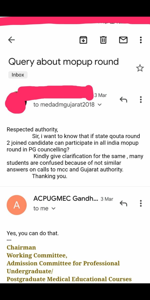Darshan85209389's tweet photo. State committee reply as mentioned in mail below.later we resign our seat to participate in ai mop https://t.co/2S5VPyLSQ7 supreme court says Resign candidate not allowed to participate in mop up.Due to misguided info by state we 157 students trapped.Helpus @mansukhmandviya https://t.co/5iCPKgcKrt