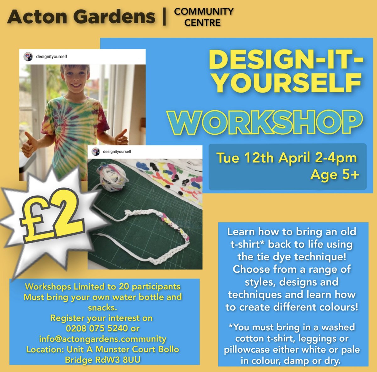 Want to learn how to bring an old t-shirt* back to life? Use #TieDye techniques with #designityourself
*Must bring a white/pale t-shirt/leggings
Ages 5+🎟£2
Register: 0208 075 5240 or info@actongardens.community
#Acton #ActonGardens #Easter #Upcycle