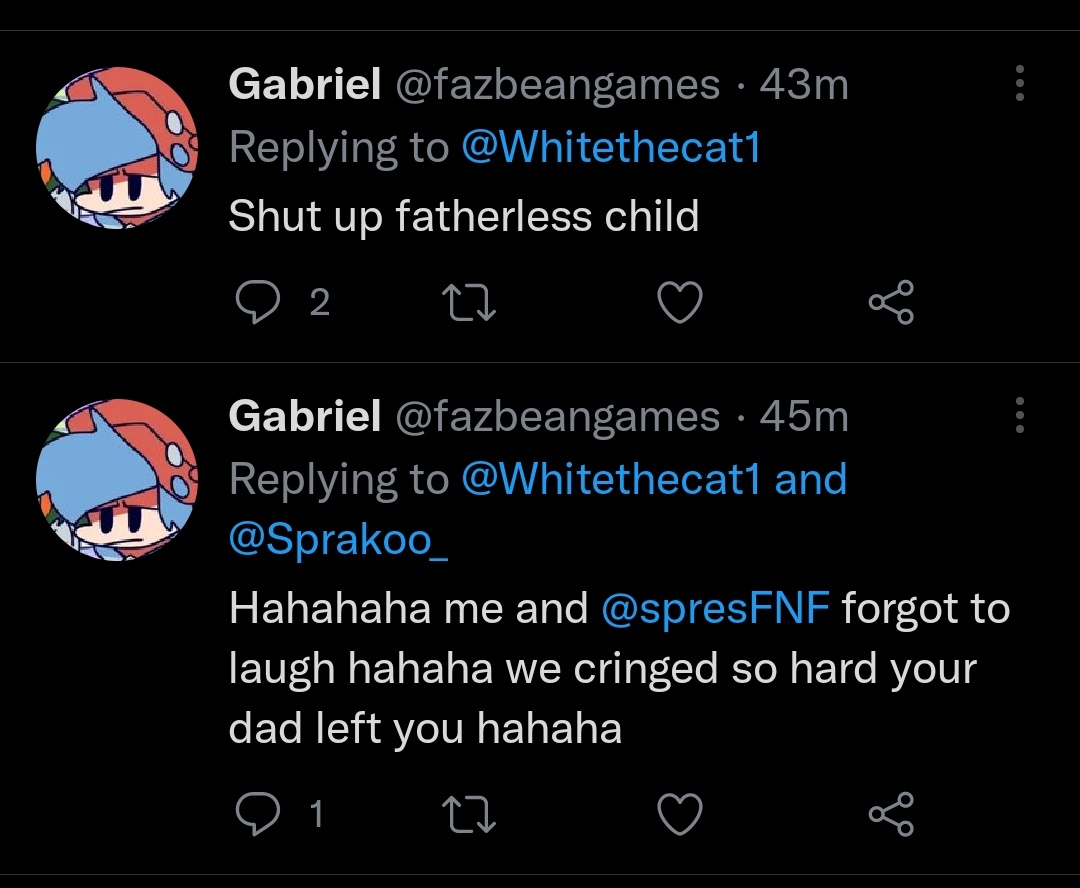 AlizehWhite's tweet photo. According to @fazbeangames, I'm a fatherless child and that my dad left me...^^ https://t.co/S0tkwHirKl