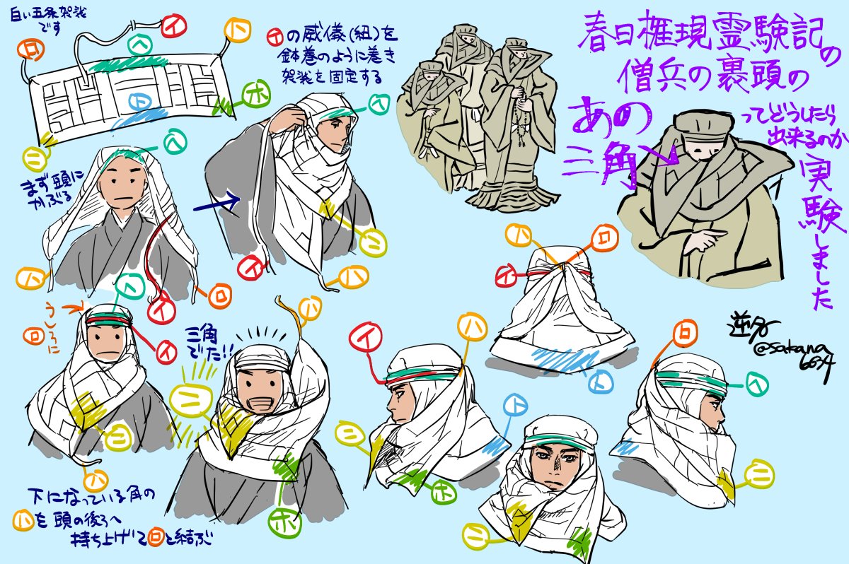 さっきごそごそしてたのはこれです。
昨日「春日権現霊験記」を見返してて、前から、この絵巻の僧兵の裹頭(かとう)ってなんでこんなぺろっと三角が出てくるんだろう?(三角が出ない作品もある)と不思議だったので、実際に三角出るのか布巻いたりして試してみました。結果としては【三角、出ました!】