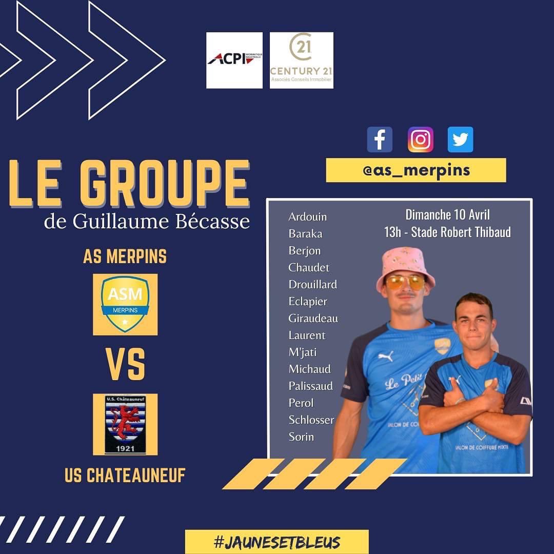 AS_Merpins's tweet photo. 🚨 LES GROUPES DU WEEK-END 🚨

Voici les joueurs retenus pour les matchs de ce week-end ! Pour rappel, ce dimanche, les hommes de Guillaume Bécasse reçoivent Chateauneuf à 13h et les hommes de Romain Rigallaud reçoivent Bergerac La Catte à 15h. ⚔️

#JaunesEtBleus 🔵🟡 https://t.co/oaZrTvgLEj
