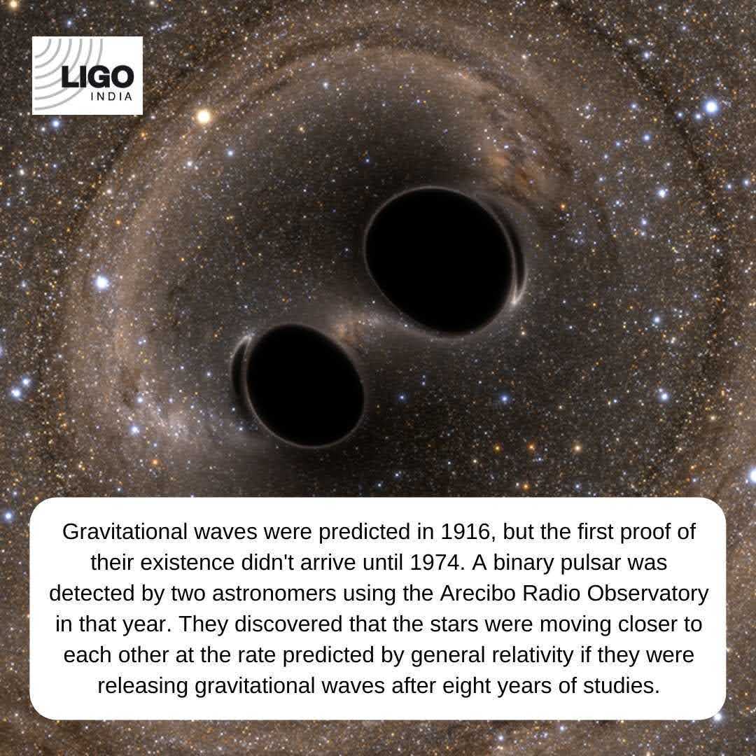 LIGOIndia's tweet photo. While Albert Einstein may have theorised #gravitationalwaves back in 1916, we didn’t have proof of their existence until 1974. Astronomers at the enormous #AreciboRadioTelescope @NAICobservatory found evidence of a #binarypulsar star system. https://t.co/L1PbkjvGl1