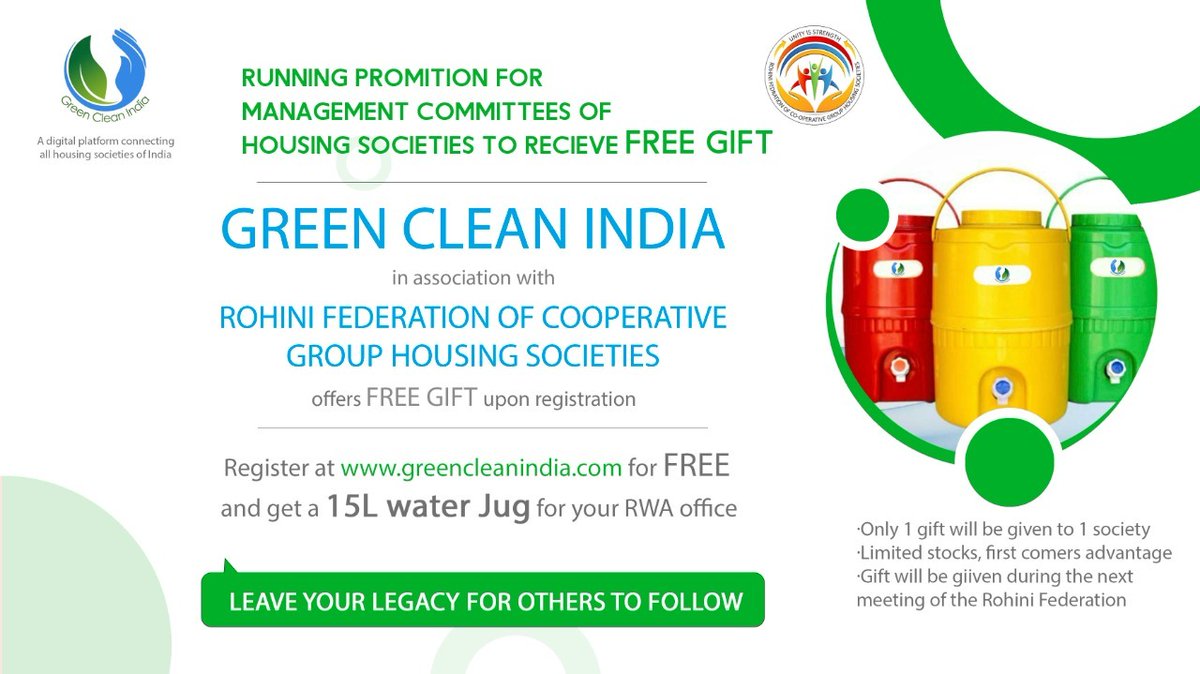 WeCare_GCI's tweet image. Green Clean India and Rohini Federation of Cooperative Group Housing Societies has joined hands

Offers free gift upon registration

Register at greencleanindia.com for free and get a 15L water jug for your RWA office 

Follow us on : @wecare_gci

#wecare_gci