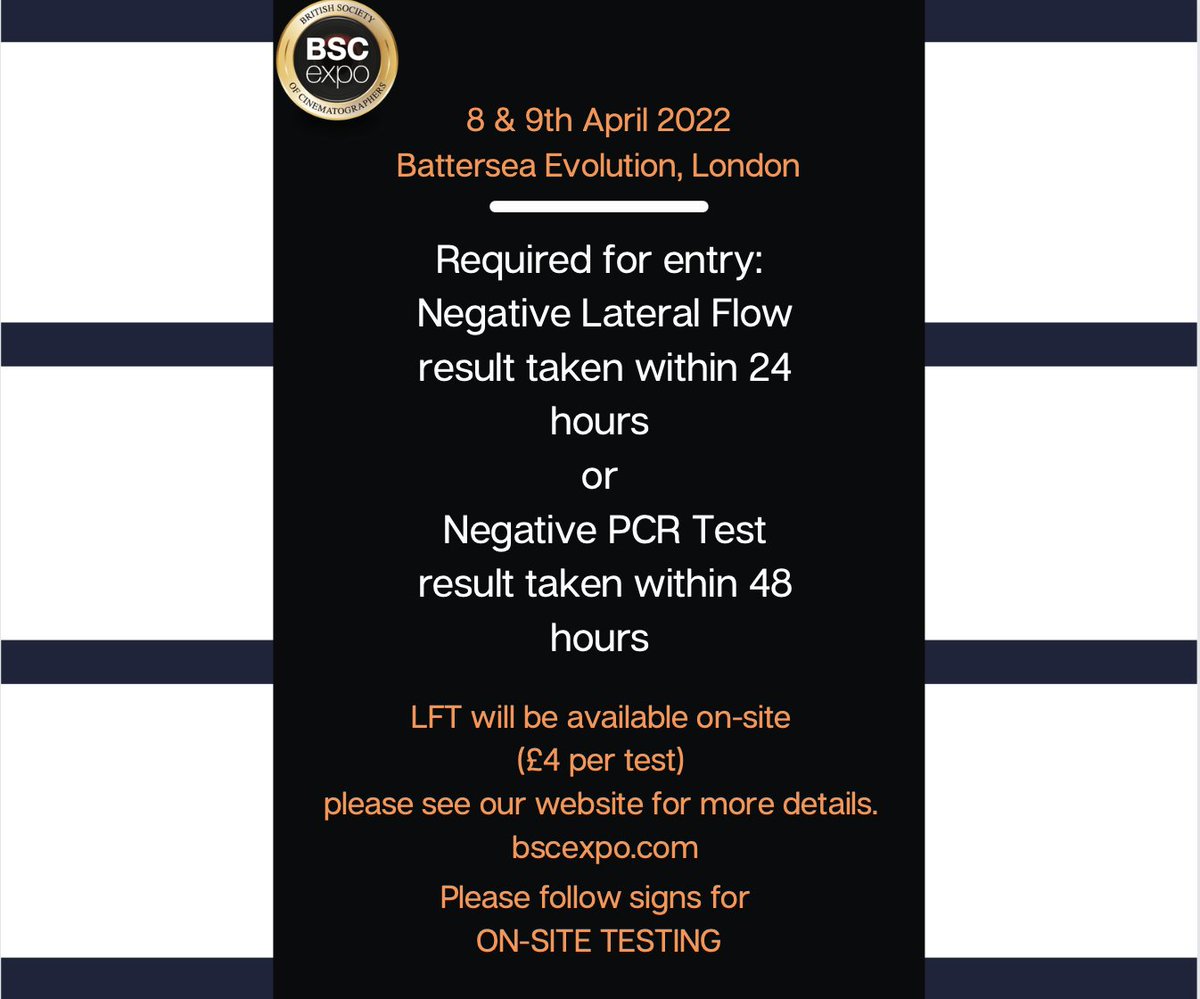 Reminder please ensure if you are attending the #BSCExpo2022 that you have tested negative within the last 24 hours for Lateral Flow or 48 hours for PCR test. Please bring proof of the test.