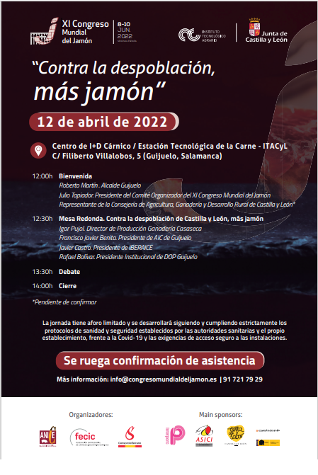 ITACYL's tweet photo. Contra la despoblación, más #jamón.
El #CentroI+dCárnico de #ITACyL ubicado en Guijuelo acoge el martes, día 12, esta jornada, en el marco del @xicmjamon que se celebra en Segovia en el mes de junio
@CRDOGuijuelo @ganacasaseca @interporc @ANICE_ES @infoFECIC https://t.co/NIh4Sq3zdI
