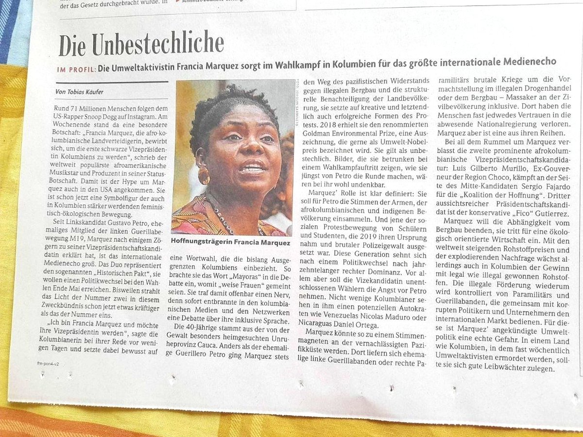 AlemanaPte's tweet photo. 🇨🇴🇩🇪 El periódico alemán @badischezeitung acaba de publicar un artículo sobre @FranciaMarquezM con el título: "La Insobornable - Portadora de esperanza Francia Márquez" ✊🏻♥️✊🏿

Artículo completo:
https://t.co/slNdbnHDtL https://t.co/tw2T9k1J7j