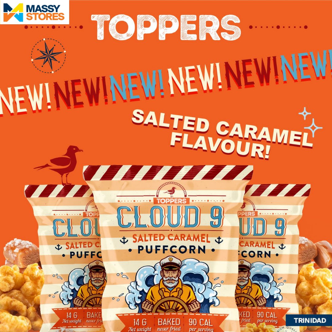 massystorestt's tweet photo. Another new and exciting product is here at Massy Storesπ! Try the NEW Toppers Salted Caramel Puffcorn, yes puffcorn! Itβs baked and just 90 calories per serving! Get yours today at your nearest Massy Stores location! #puffcorn #snacktime #MassyStores https://t.co/RFHCXivBYP