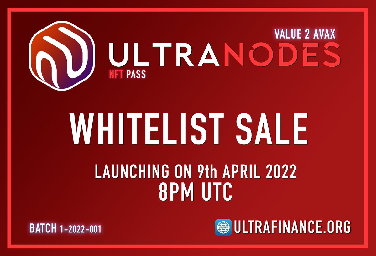 Join our #Whitelist sale today (9th APRIL) at 8PM UTC! Mint your #node for 2 $AVAX each! 

WL Price:       2 AVAX 
Listing Price: 3 AVAX

discord.com/invite/zhCU4Xy…

(We don't sell tokens so no sale dump on listing!)
#NodeArmy #NodeLife #Nodes #NaaS #FaaS #DeFi #AVAX $ultra $strong