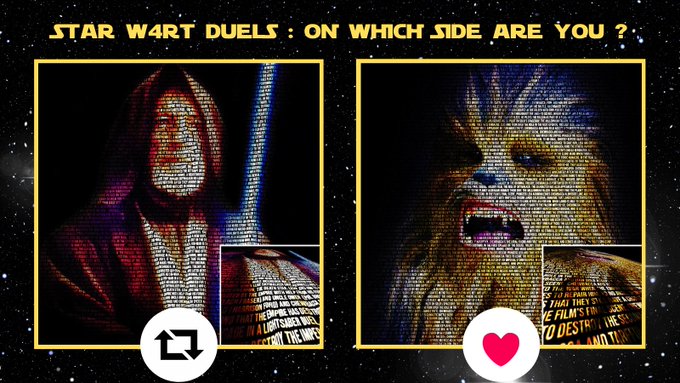 Star_W4rt_NFT's tweet photo. Let the game begin ! 🥳

We know you love our Star W4rt collection, but which #NFT do you like the most ? 

That's the question. 👀 

To find out, show your love by retweeting or liking this tweet. ❤️

#Starwars #obiwan #chewbacca #Starwarsduel #NFTCommmunity #NFTs #Starwarsfan https://t.co/etv6r3UCd7