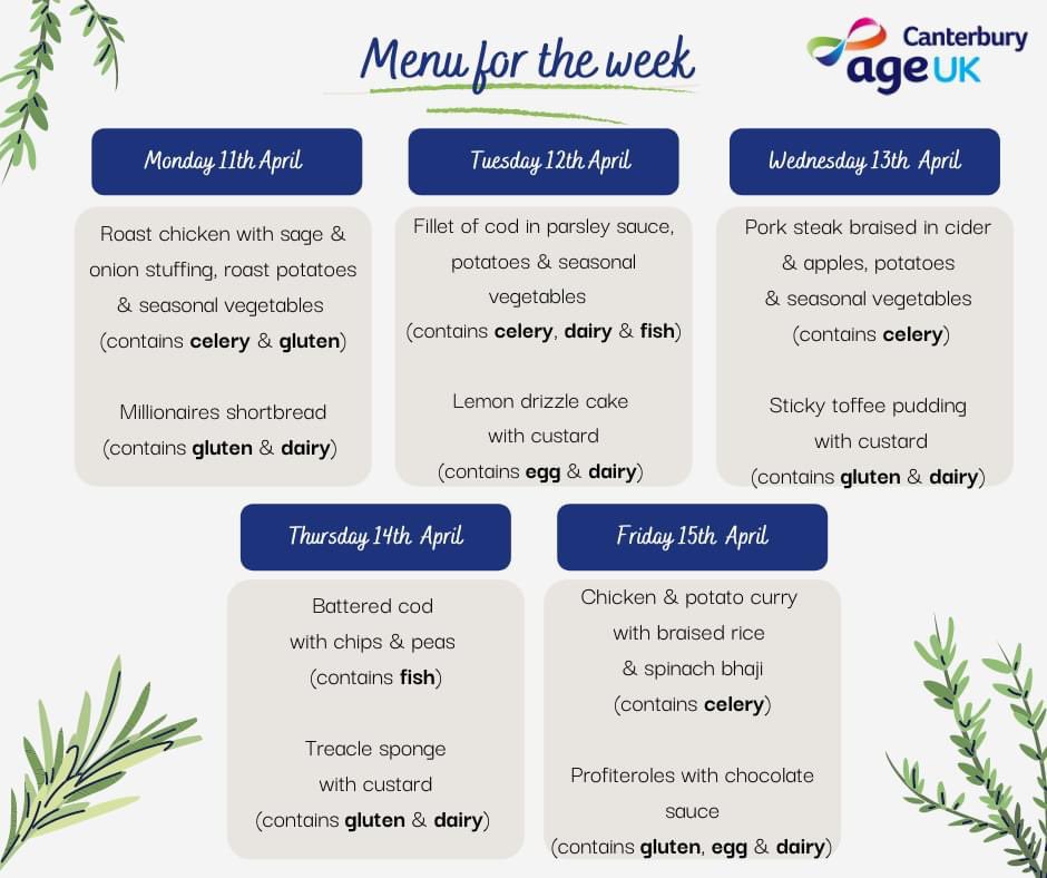 Next week's Meals at Home Service Menu😋. Our two-course, nutritionally-balanced meals are made from fresh ingredients daily in our kitchen and delivered to your door by one of our friendly team. Just send us an email to:  teresa@ageukcanterbury.org.uk or call us on 01227 462368.
